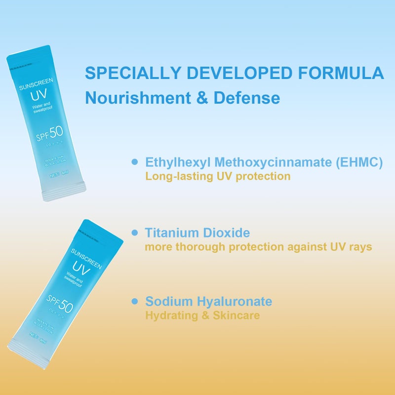 Okerker 40 عبوة صغيرة من واقي الشمس بحمض الهيالورونيك، عامل حماية من الشمس SPF50+ PA+++، حجم مناسب للسفر (4 مل لكل عبوة)، خفيف الوزن وغير دهني ومرطب، واقي شمس مقاوم للماء للوجه والجسم للاستخدام الخارجي، والعطلات، والاستخدام اليومي - Image 3